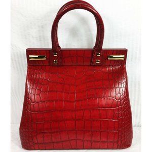 90s Vint Donna Karan Italy Top Handle Emb Crocodile Alligator Red Bag Collection